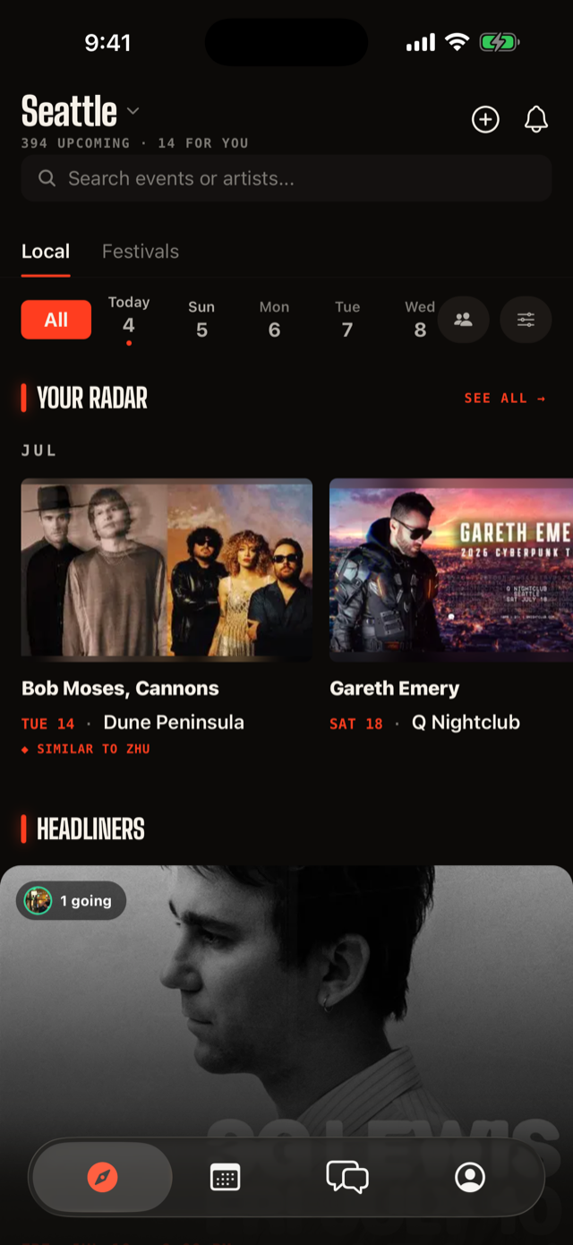 Rally home feed of EDM shows in Seattle