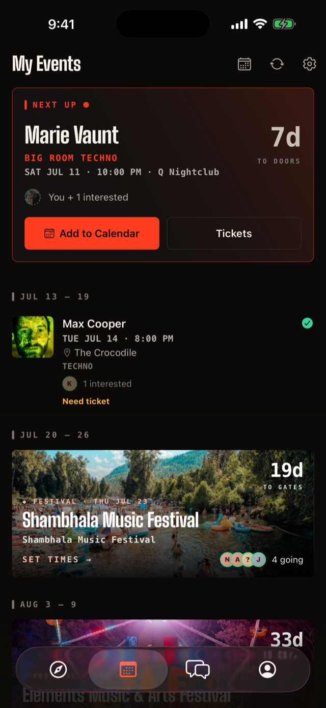 My Events agenda with a Next Up countdown card and week-grouped shows