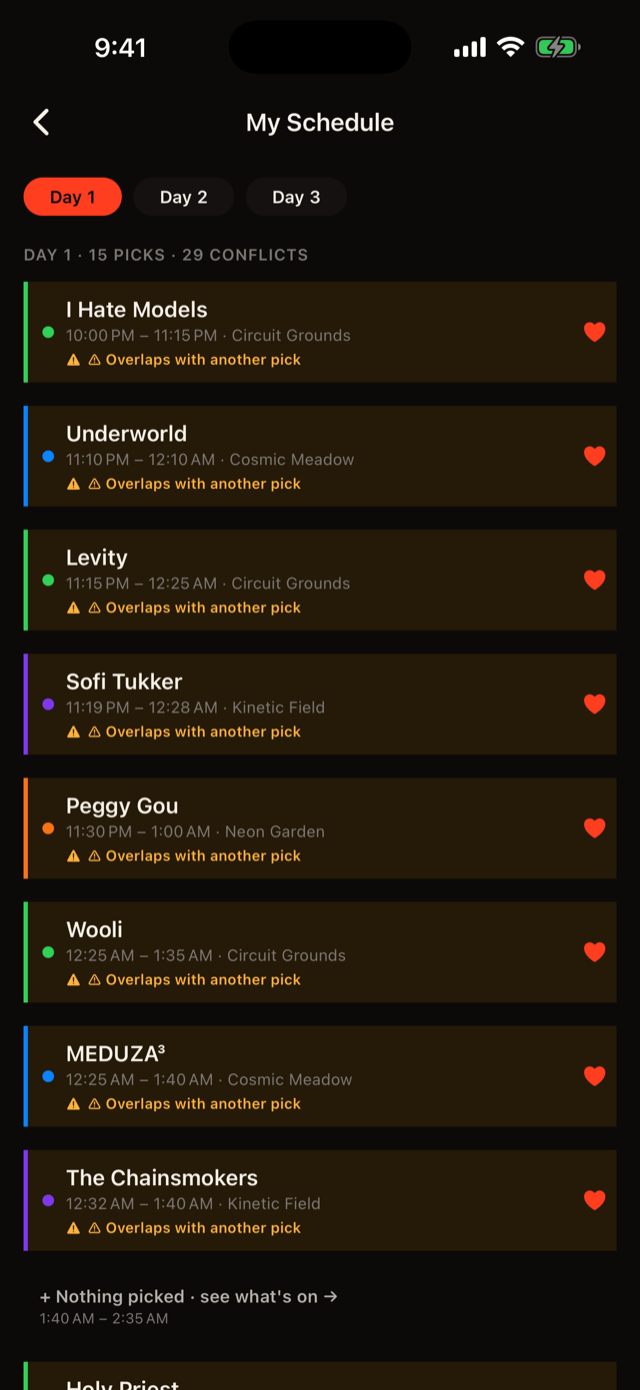 Festival schedule with set times and conflict warnings