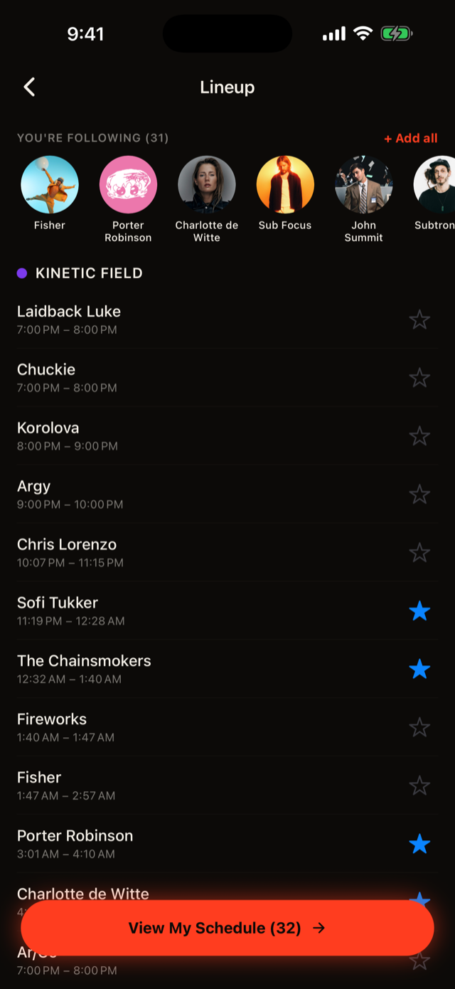 Festival lineup with followed artists starred