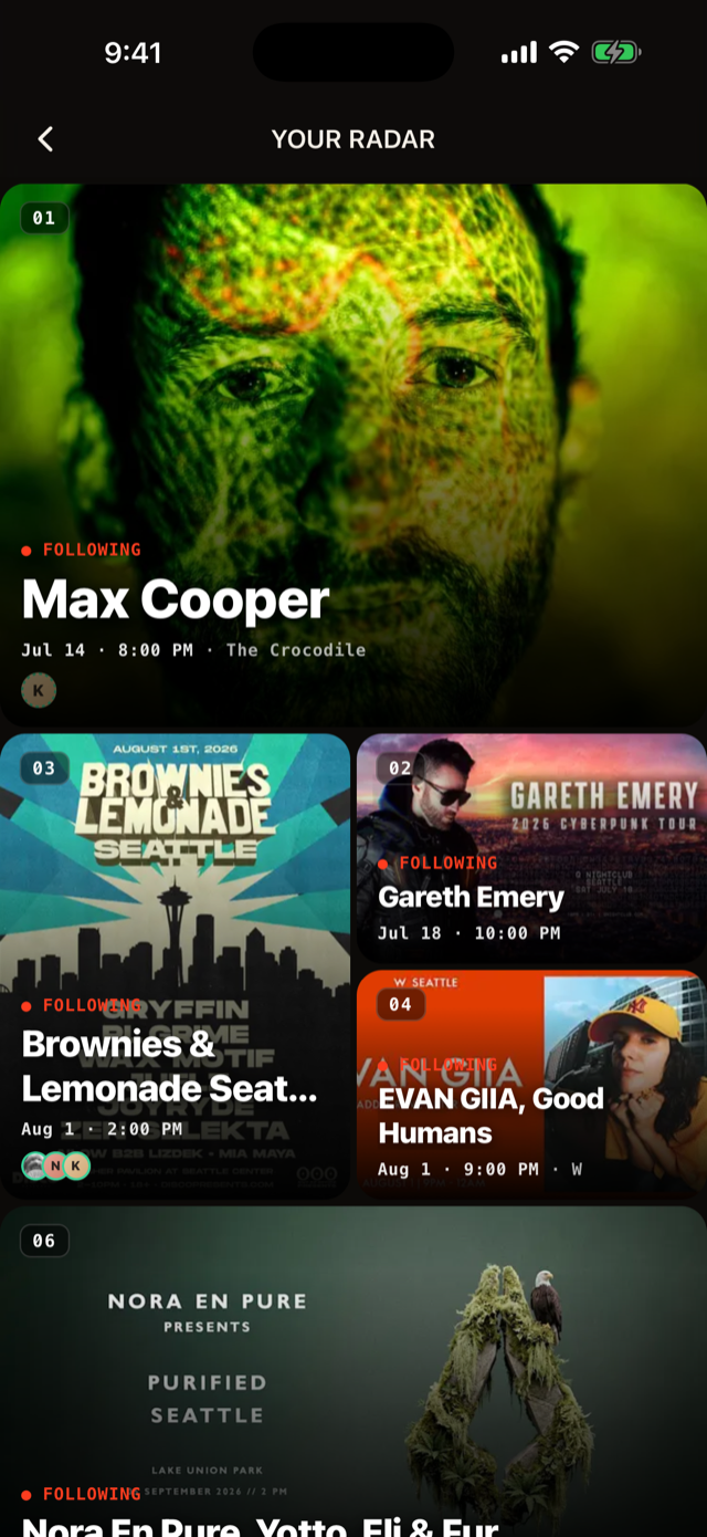Full-screen Your Radar view: numbered poster mosaic of upcoming shows from followed artists