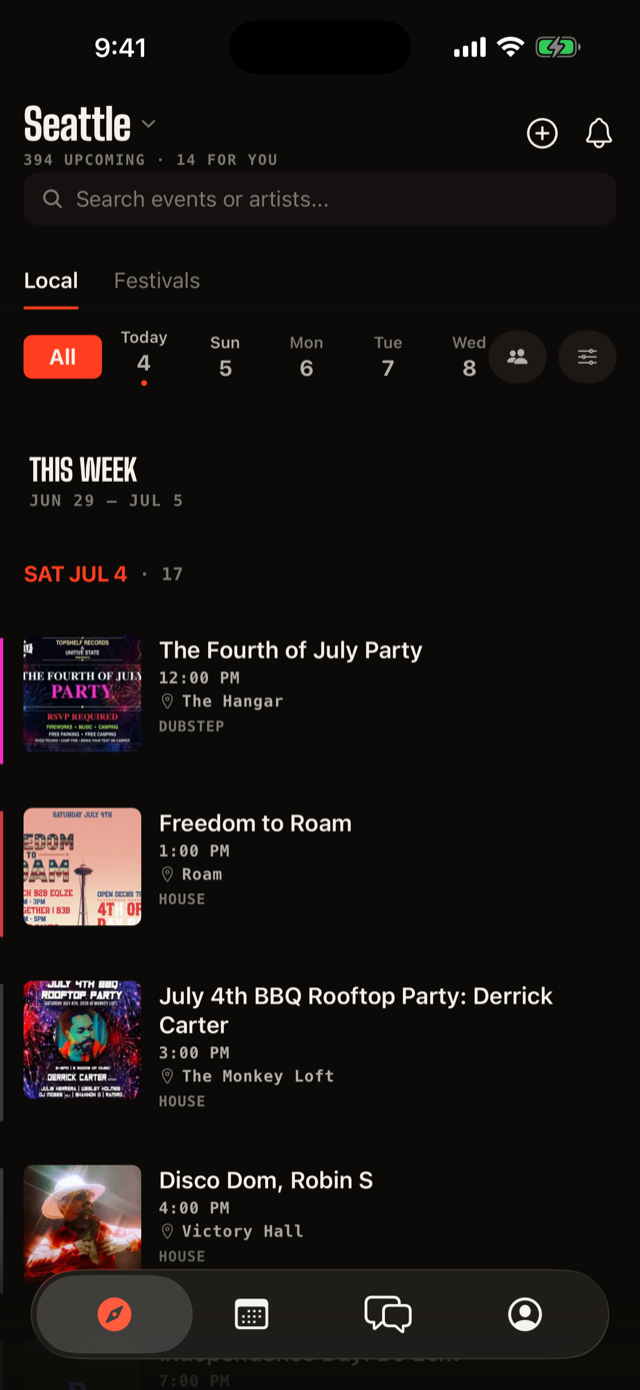 Week-by-week feed of upcoming EDM shows in Seattle