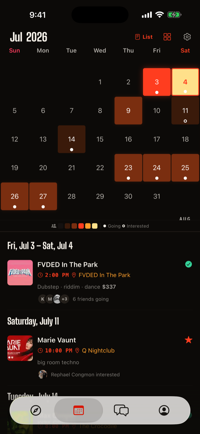 Heatmap calendar: attended and going nights glowing by density